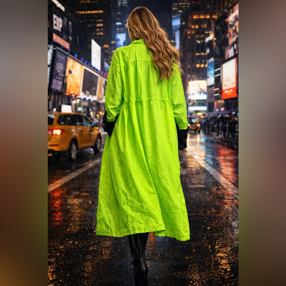 Glitz Luxe Colorblock Trench Coat – Oversized Statement Fall Jacket Neon Green - Picture 2 of 3